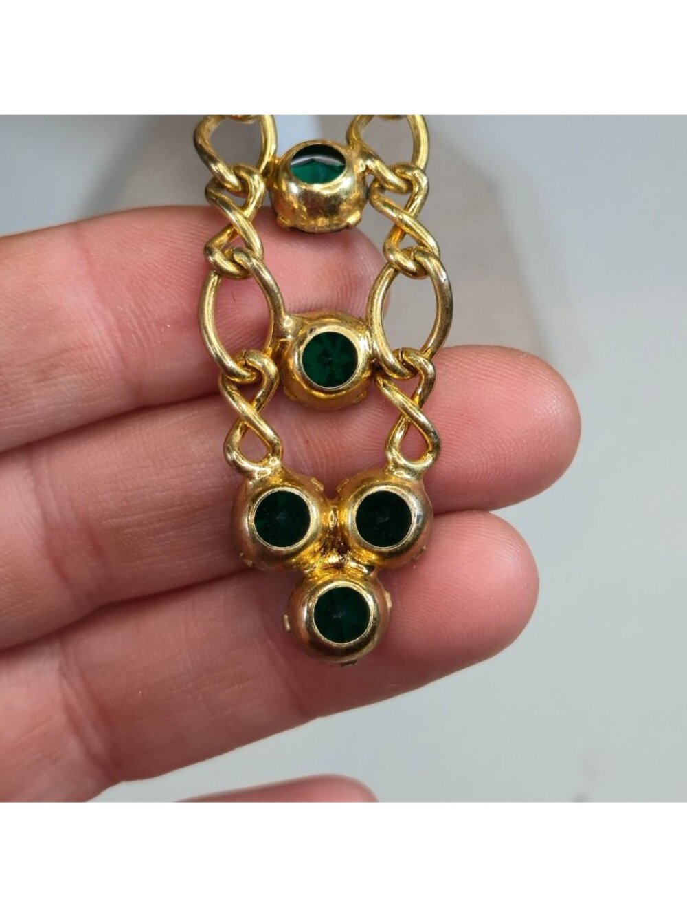 Vintage Art Deco Emerald Green Rhinestone Ladder Drop Pendant Necklace Gold Tone - Picture 13 of 16
